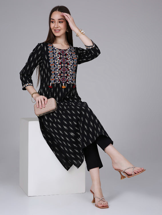 Black Ikat Print Cotton Kurta with Neck Embroidery