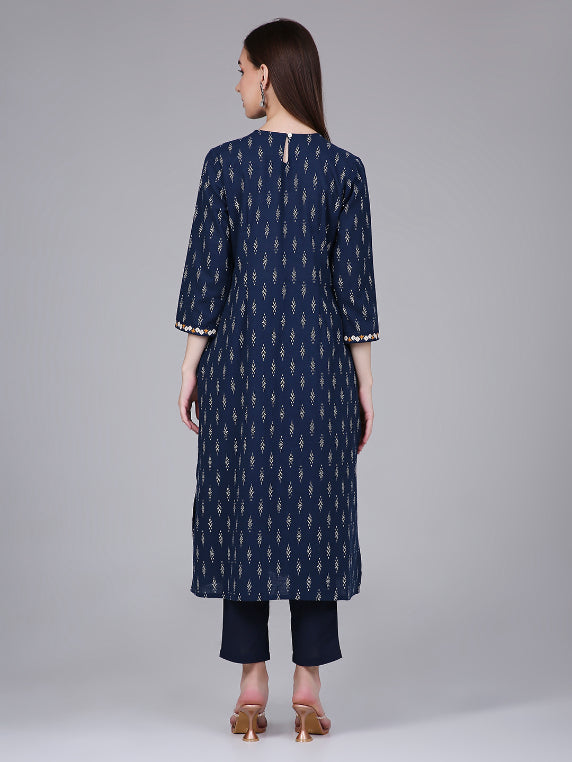 Navy Blue Ikat Print Cotton Kurta with Neck Embroidery