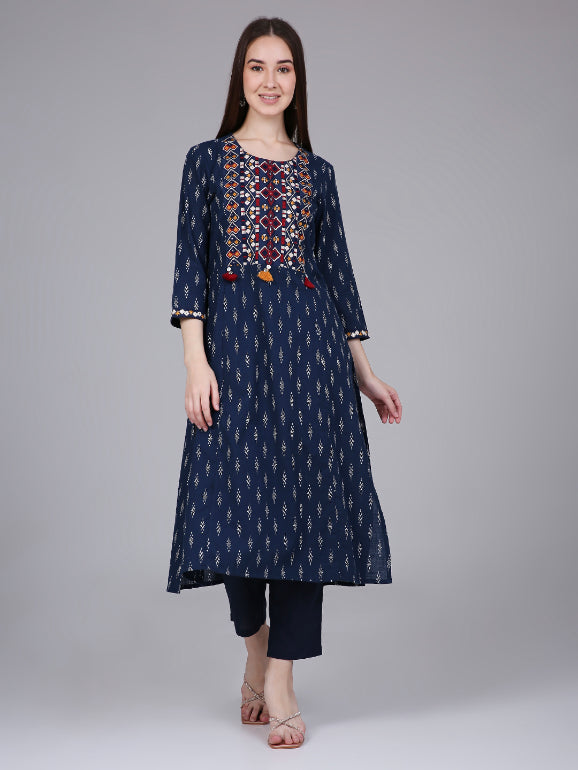 Navy Blue Ikat Print Cotton Kurta with Neck Embroidery
