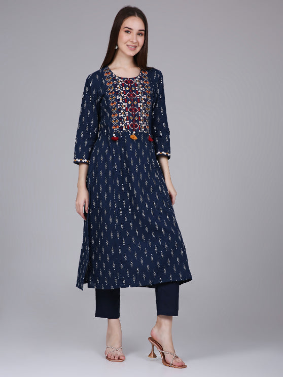 Navy Blue Ikat Print Cotton Kurta with Neck Embroidery