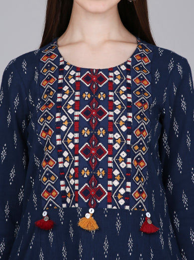 Navy Blue Ikat Print Cotton Kurta with Neck Embroidery