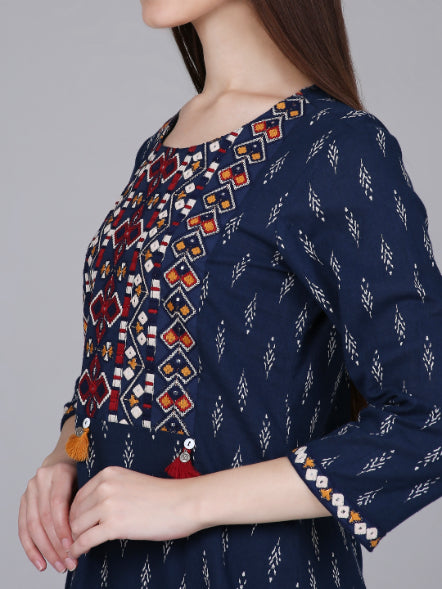Navy Blue Ikat Print Cotton Kurta with Neck Embroidery