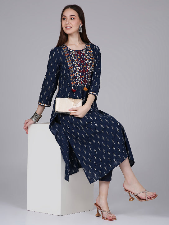 Navy Blue Ikat Print Cotton Kurta with Neck Embroidery