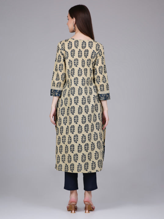 Cream Paisley Leaf Print Kurta with Neck Embroidery and Lace Inserts