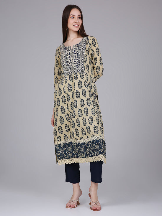 Cream Paisley Leaf Print Kurta with Neck Embroidery and Lace Inserts