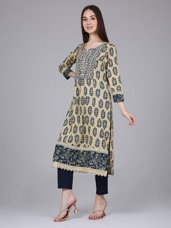 Cream Paisley Leaf Print Kurta with Neck Embroidery and Lace Inserts
