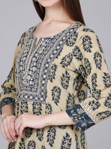 Cream Paisley Leaf Print Kurta with Neck Embroidery and Lace Inserts