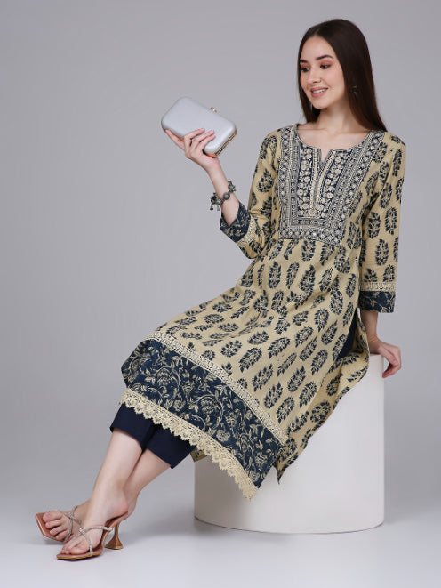 Cream Paisley Leaf Print Kurta with Neck Embroidery and Lace Inserts