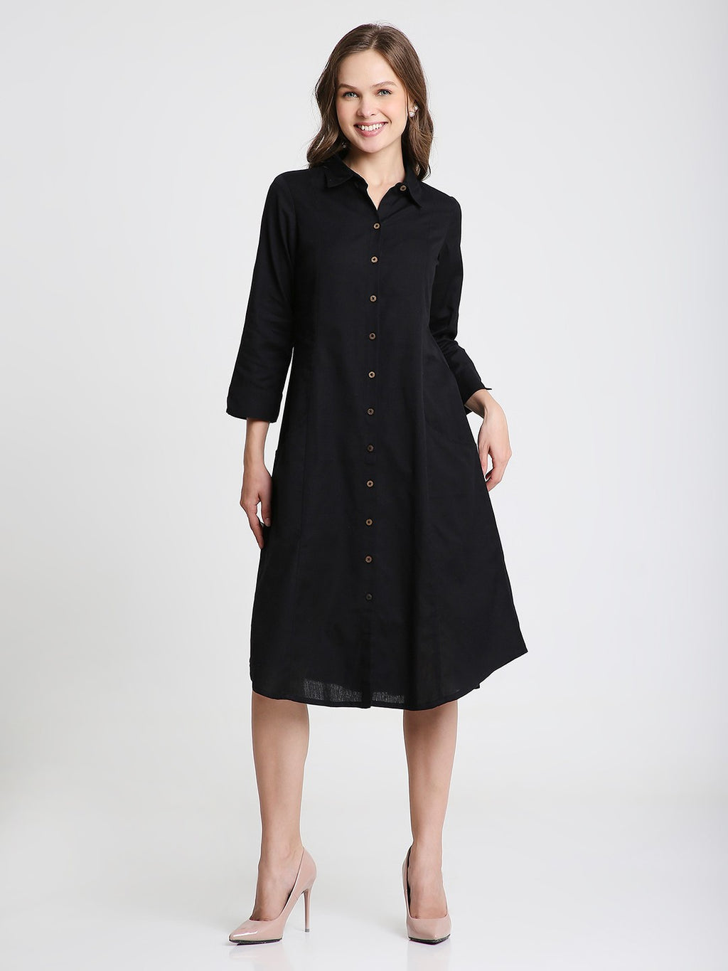 Black Solid Midi Shirt Dress with pockets