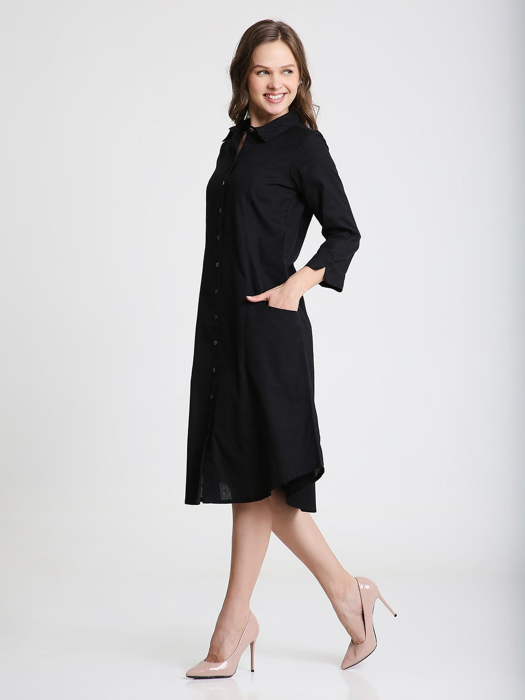 Black Solid Midi Shirt Dress with pockets