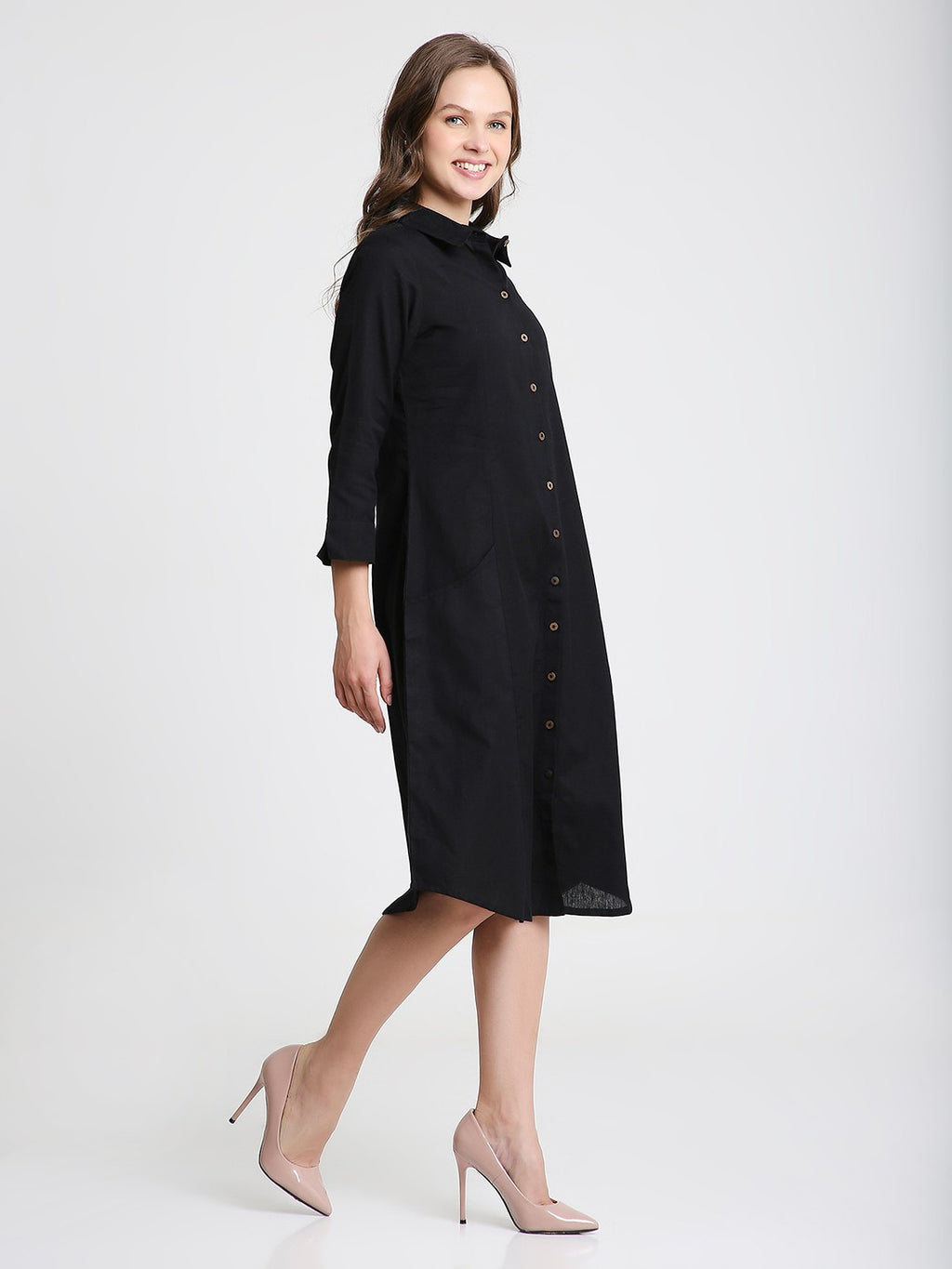Black Solid Midi Shirt Dress with pockets