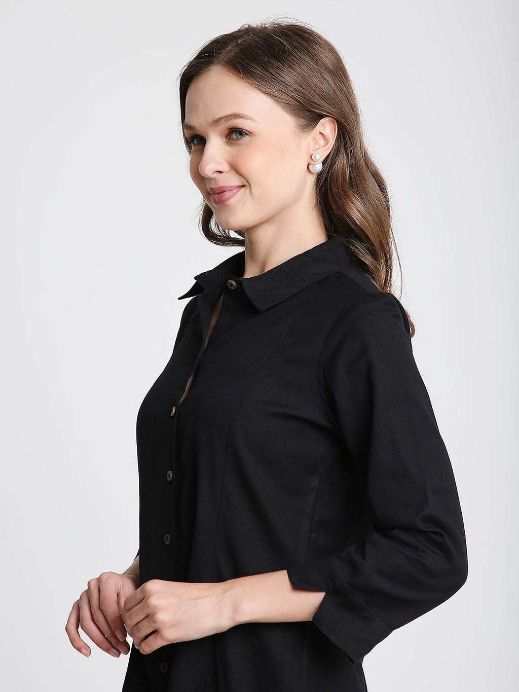 Black Solid Midi Shirt Dress with pockets