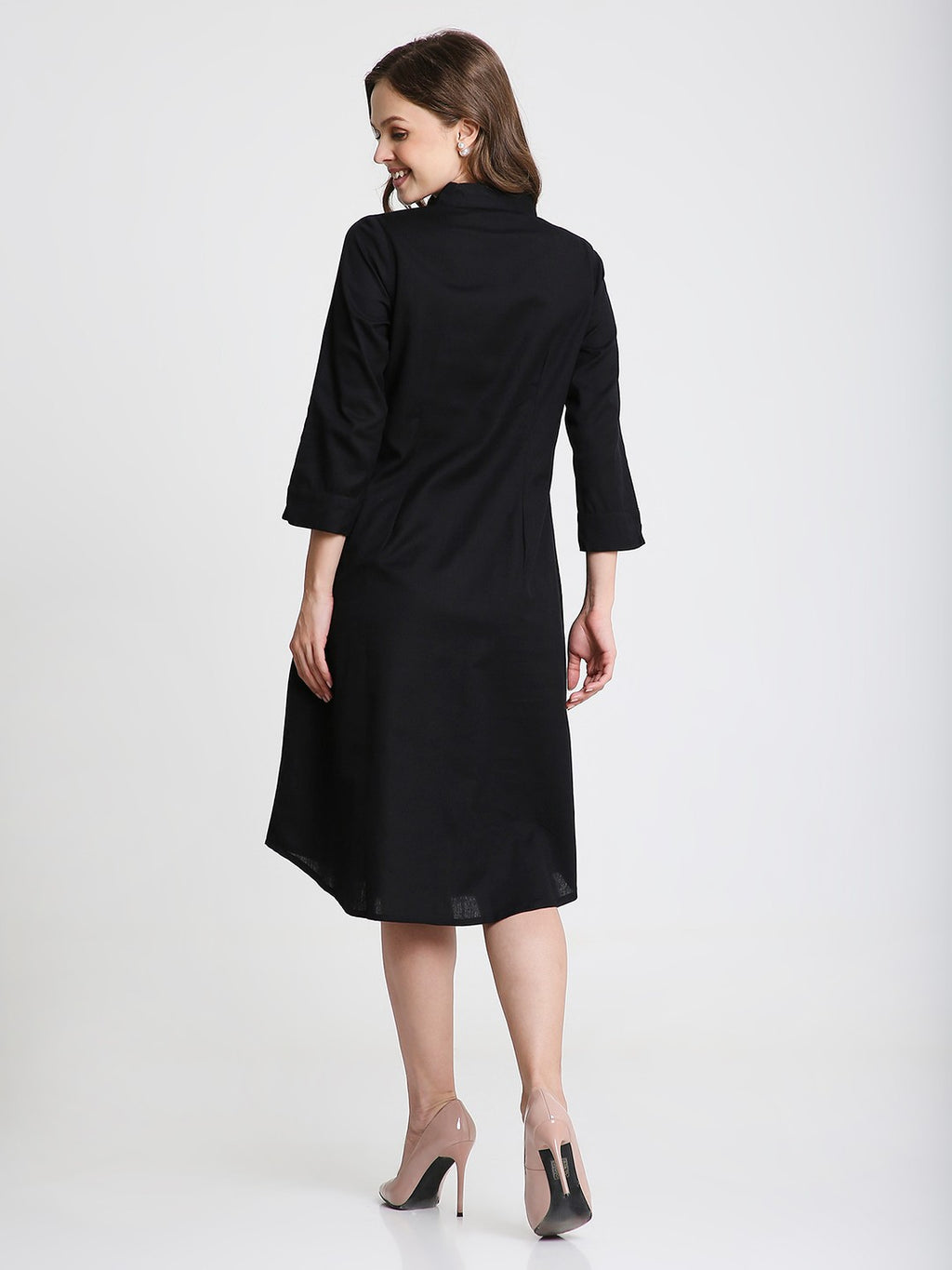 Black Solid Midi Shirt Dress with pockets