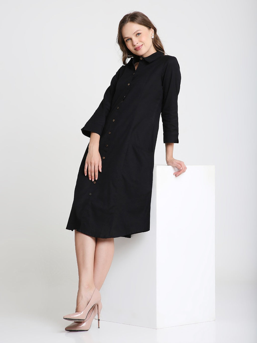Black Solid Midi Shirt Dress with pockets