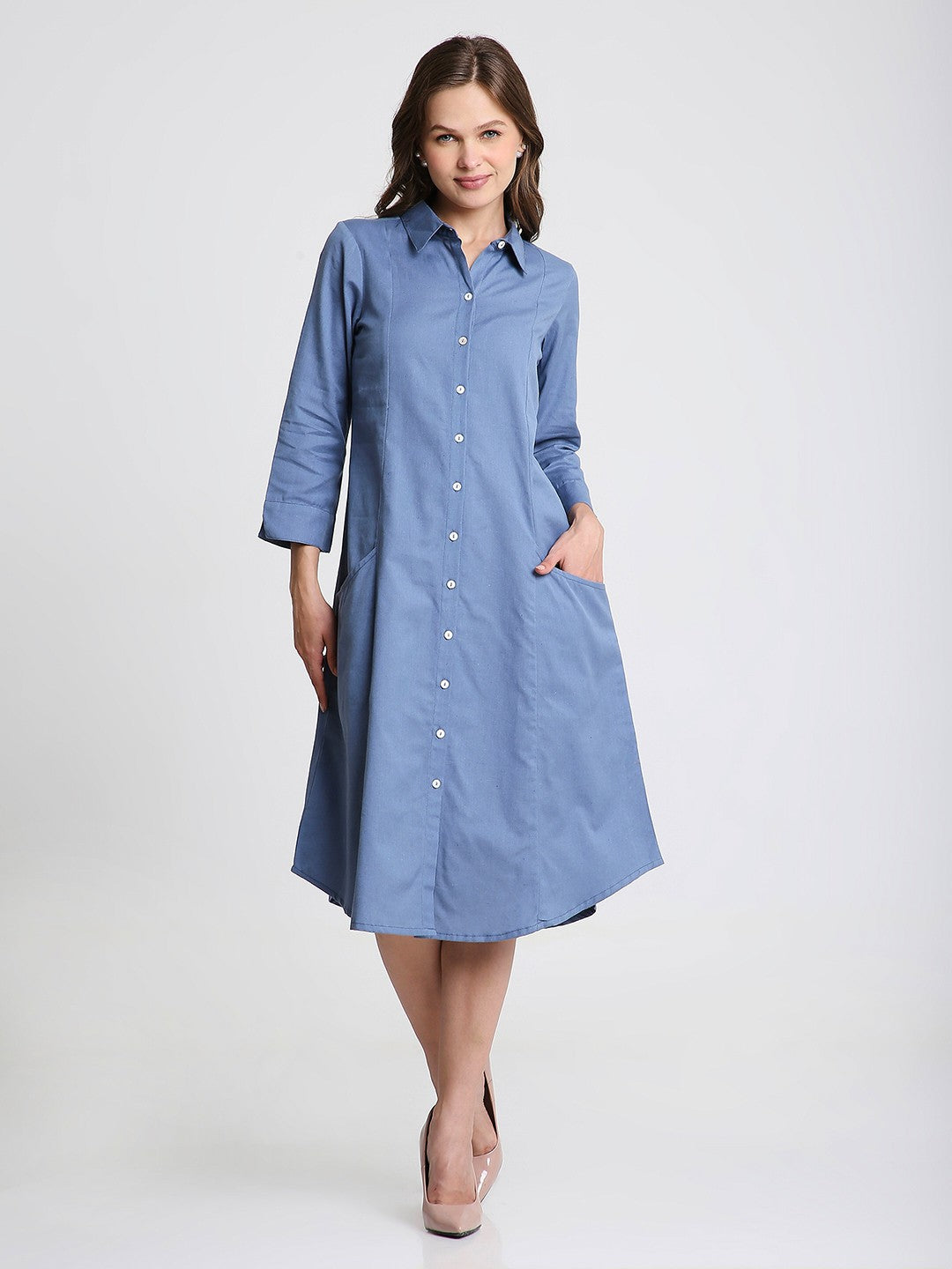 Blue Solid Midi Shirt Dress with Pockets – Saffron Threads