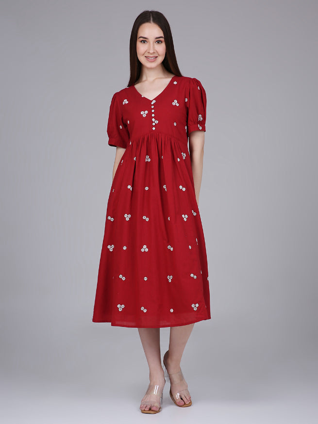 Red Cotton Midi Dress With Embroidery – Saffron Threads Red Cotton Midi Dress With Embroidery – Saffron Threads