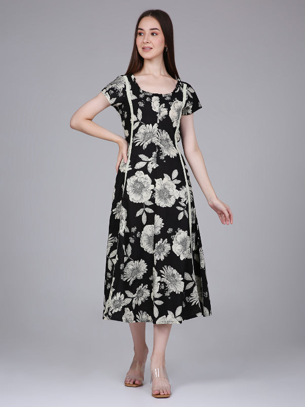 Black Waist Tie-up Midi Dress with Floral Print