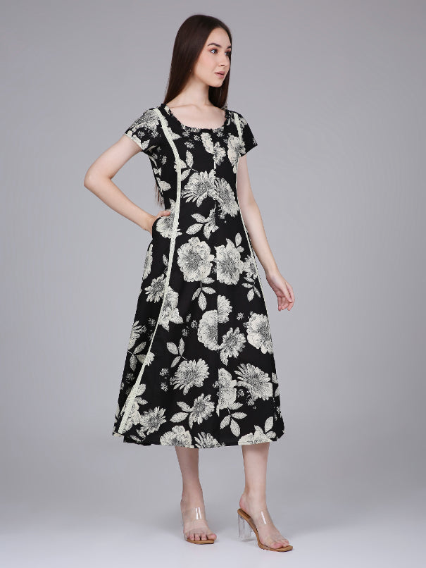 Black Waist Tie-up Midi Dress with Floral Print