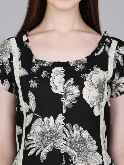 Black Waist Tie-up Midi Dress with Floral Print