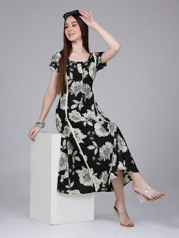 Black Waist Tie-up Midi Dress with Floral Print