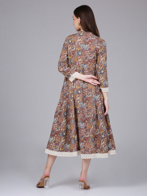 Brown Tropical Print Rayon Dress with Lace Inserts