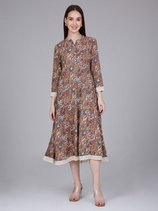 Brown Tropical Print Rayon Dress with Lace Inserts