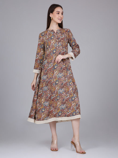 Brown Tropical Print Rayon Dress with Lace Inserts