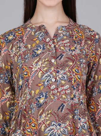 Brown Tropical Print Rayon Dress with Lace Inserts