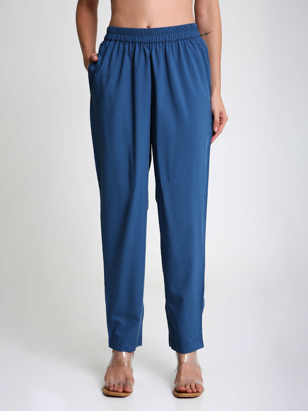 Teal Cotton Straight Fit Slip-on Trouser