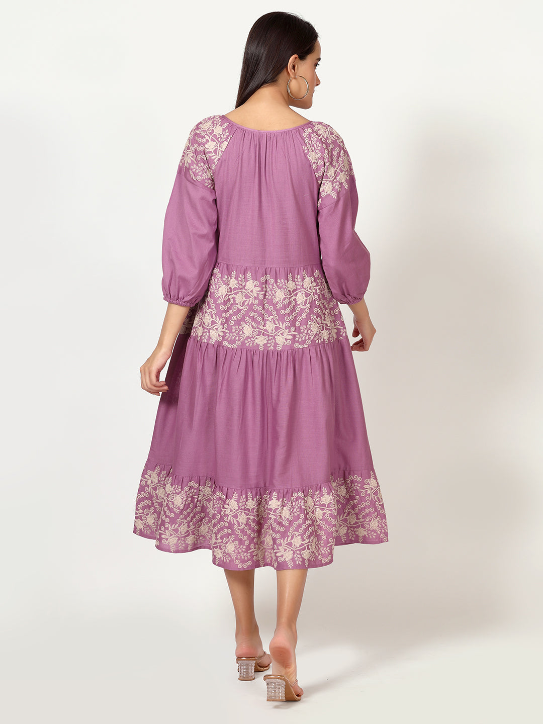 Mauve Cotton Linen Embroidered Dress with Neck Tie-up