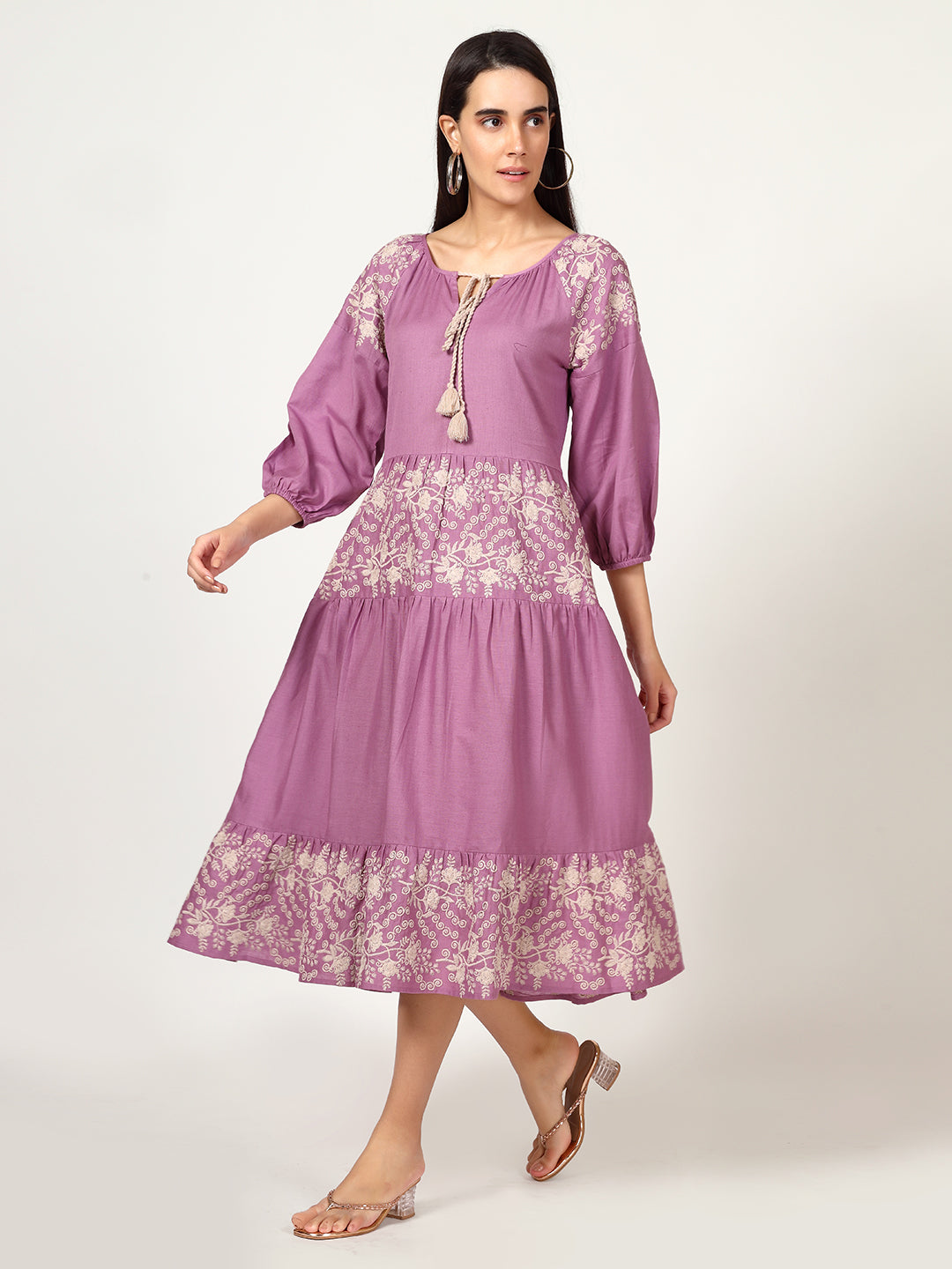 Mauve Cotton Linen Embroidered Dress with Neck Tie-up