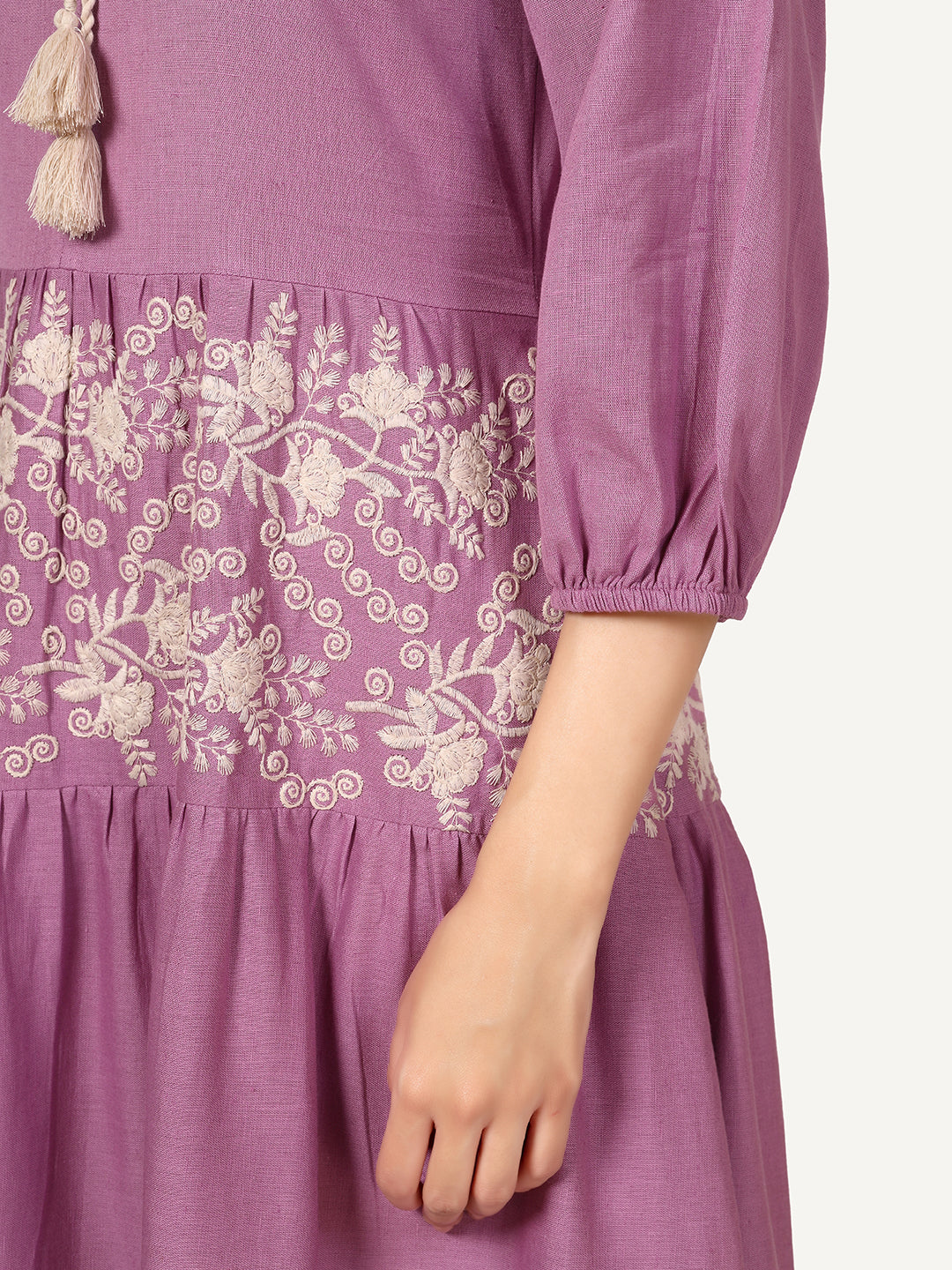 Mauve Cotton Linen Embroidered Dress with Neck Tie-up