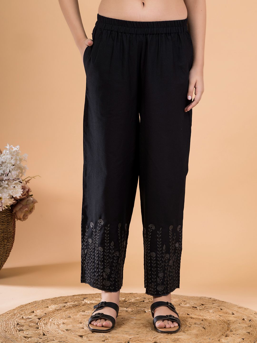 Black Flora Crest Embroidered Hem Palazzo