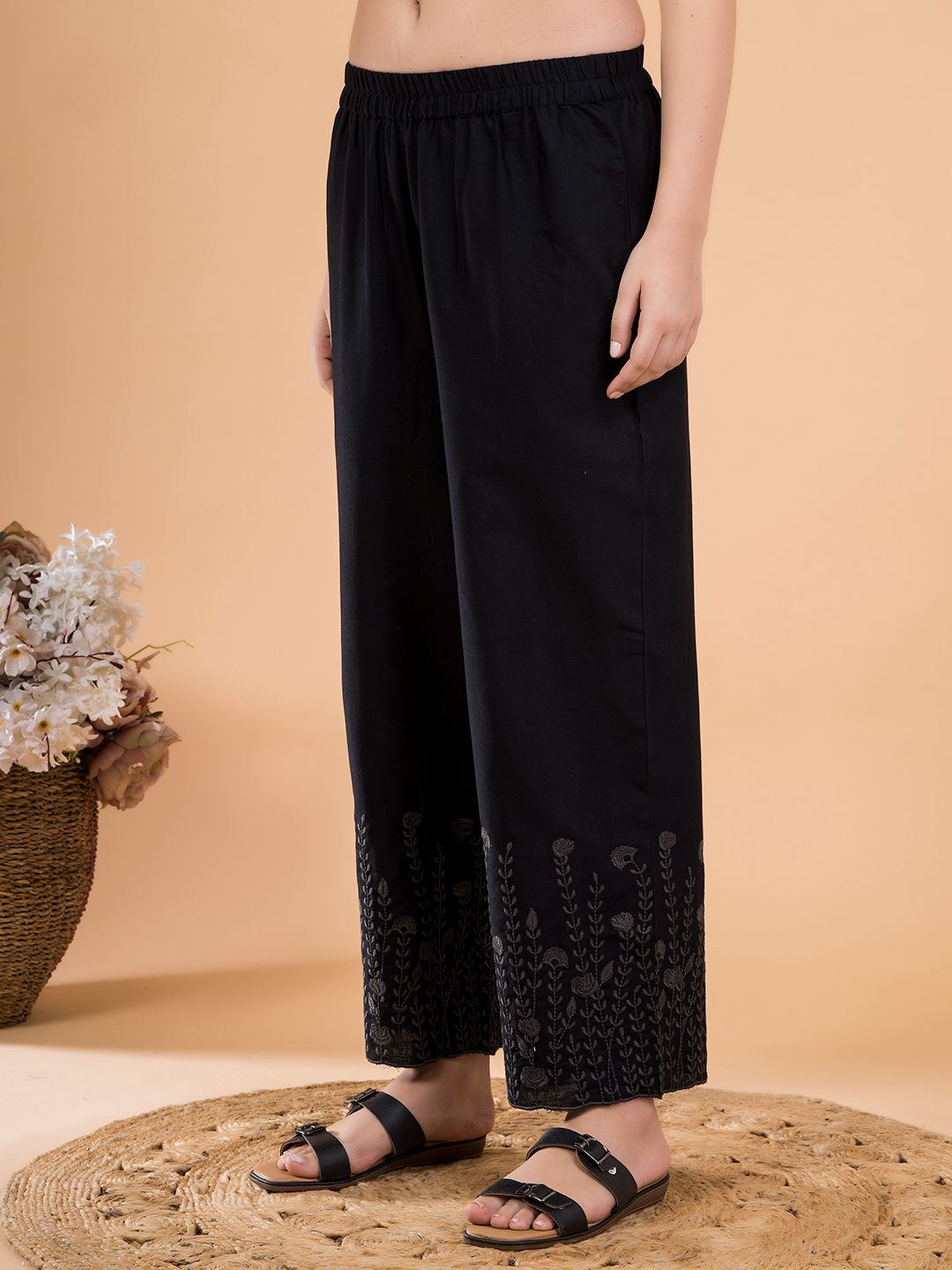 Black Flora Crest Embroidered Hem Palazzo