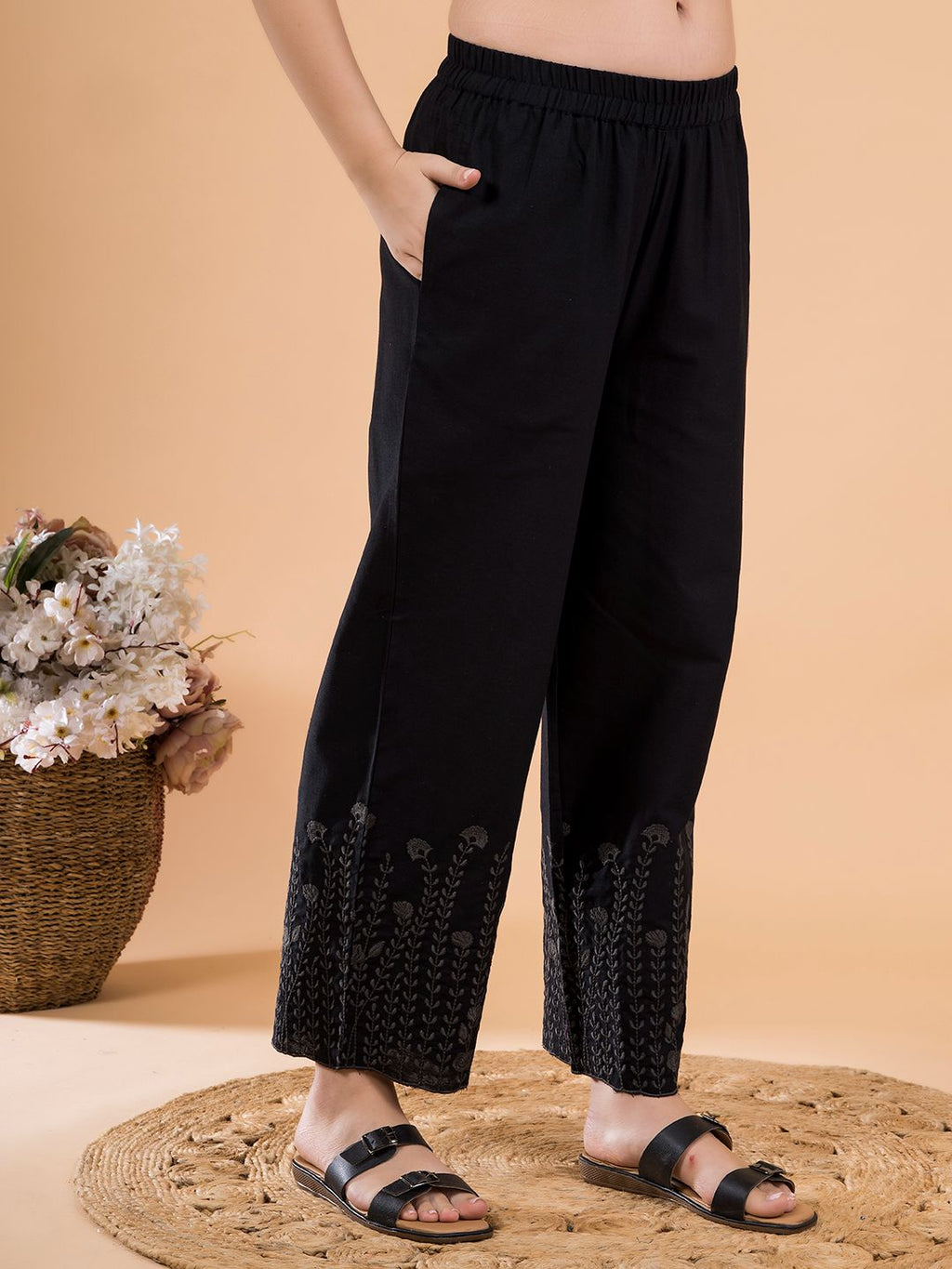 Black Flora Crest Embroidered Hem Palazzo