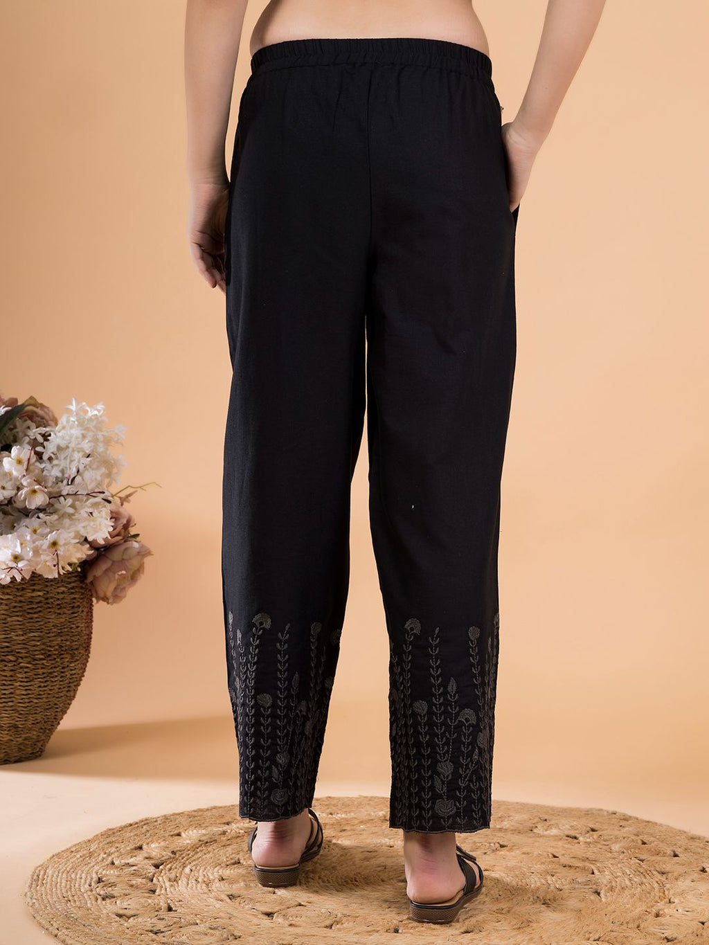 Black Flora Crest Embroidered Hem Palazzo