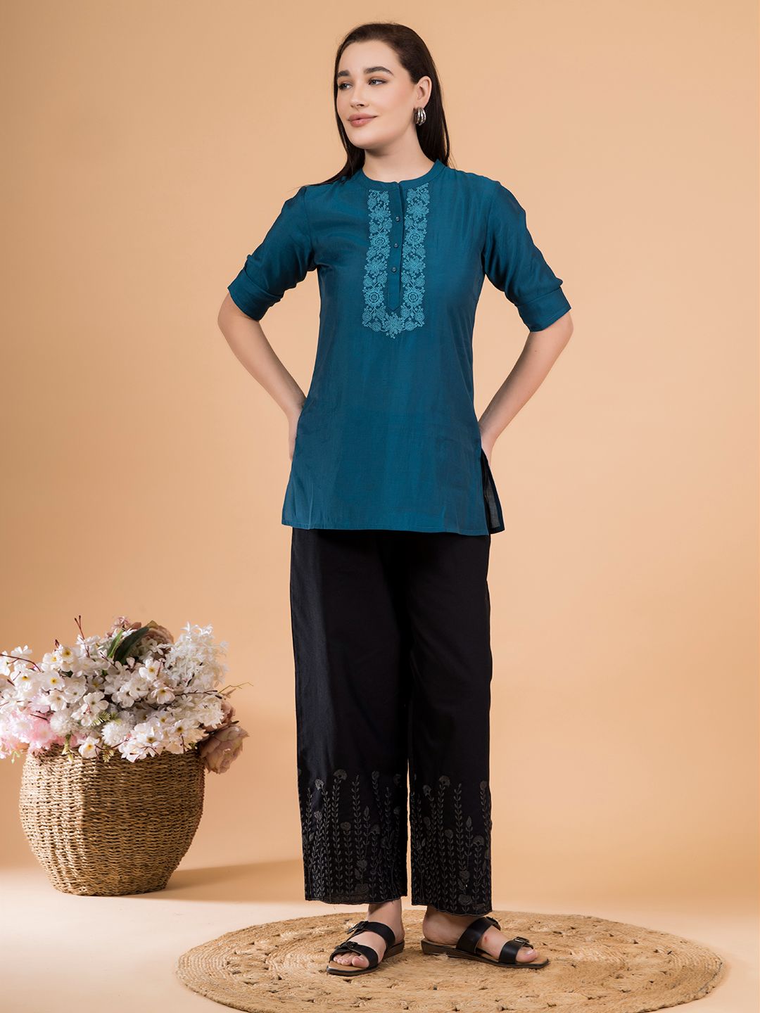 Black Flora Crest Embroidered Hem Palazzo