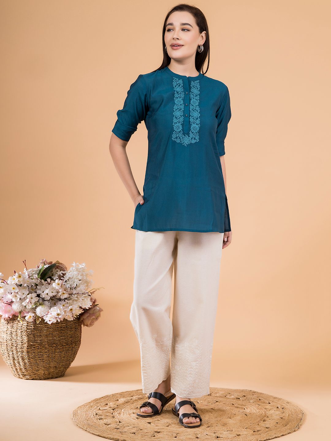 Natural Flora Crest Embroidered Hem Palazzo