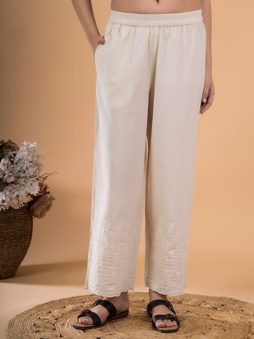 Natural Flora Crest Embroidered Hem Palazzo