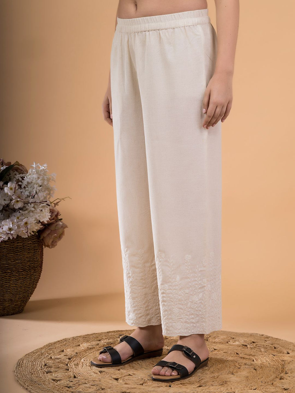 Natural Flora Crest Embroidered Hem Palazzo