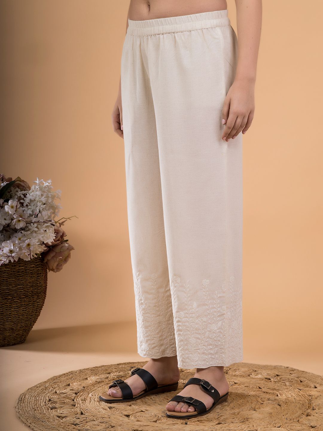 Natural Flora Crest Embroidered Hem Palazzo