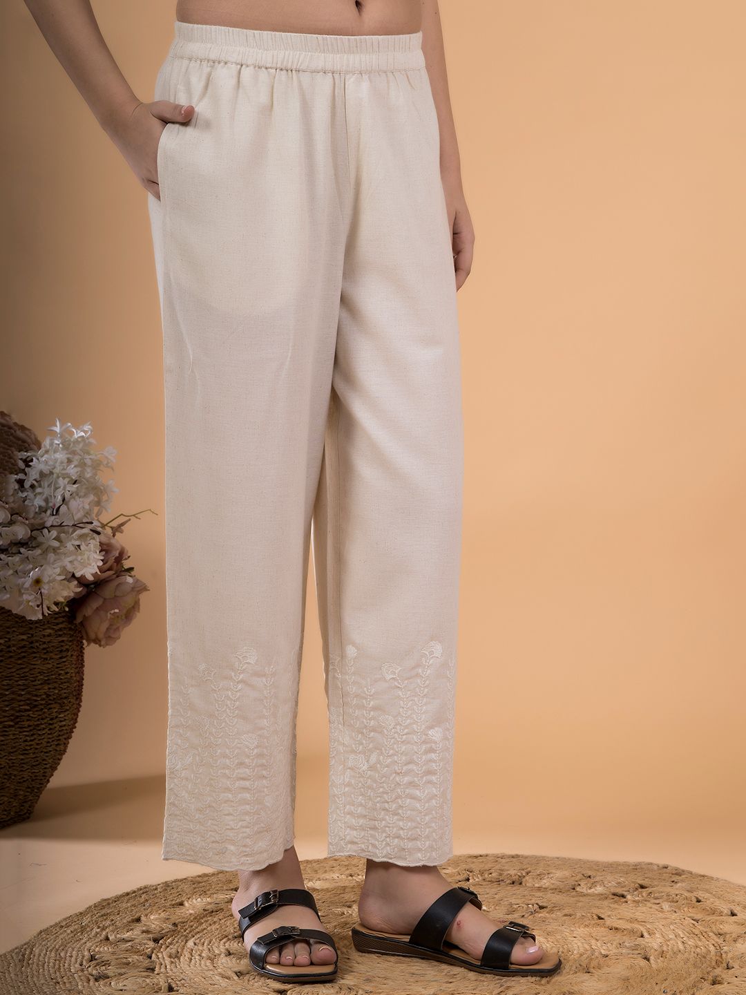 Natural Flora Crest Embroidered Hem Palazzo