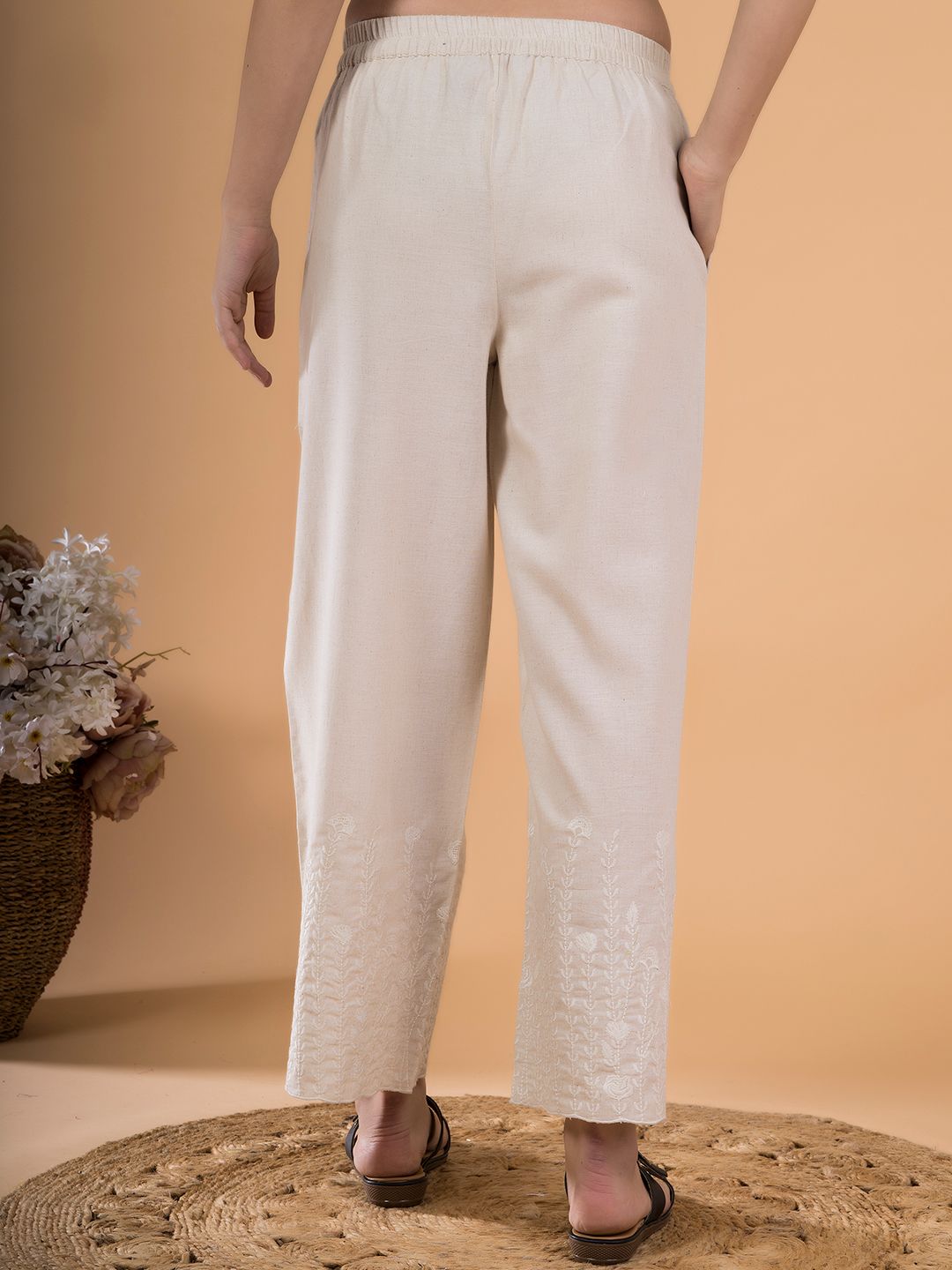 Natural Flora Crest Embroidered Hem Palazzo