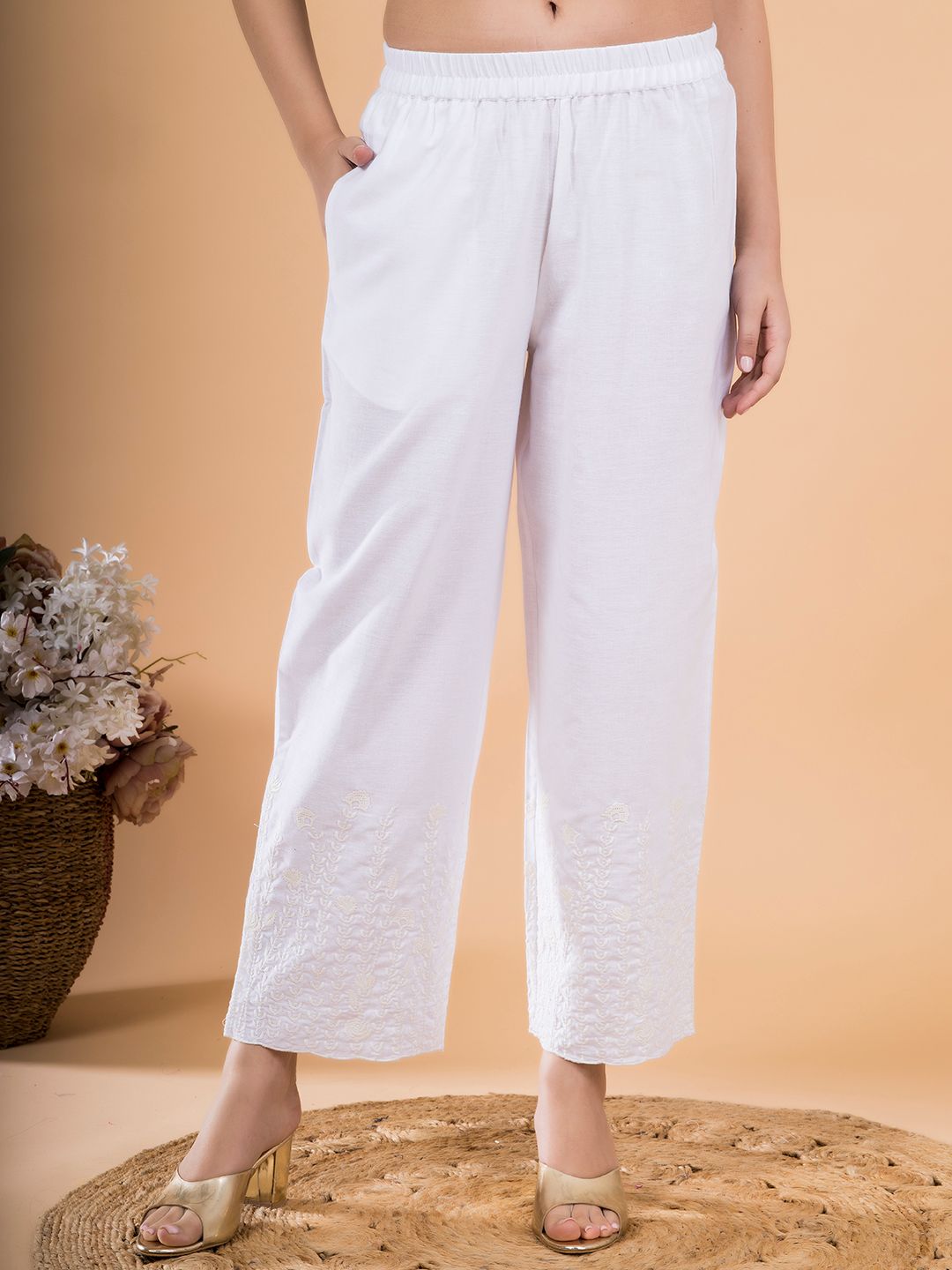 White Flora Crest Embroidered Hem Palazzo