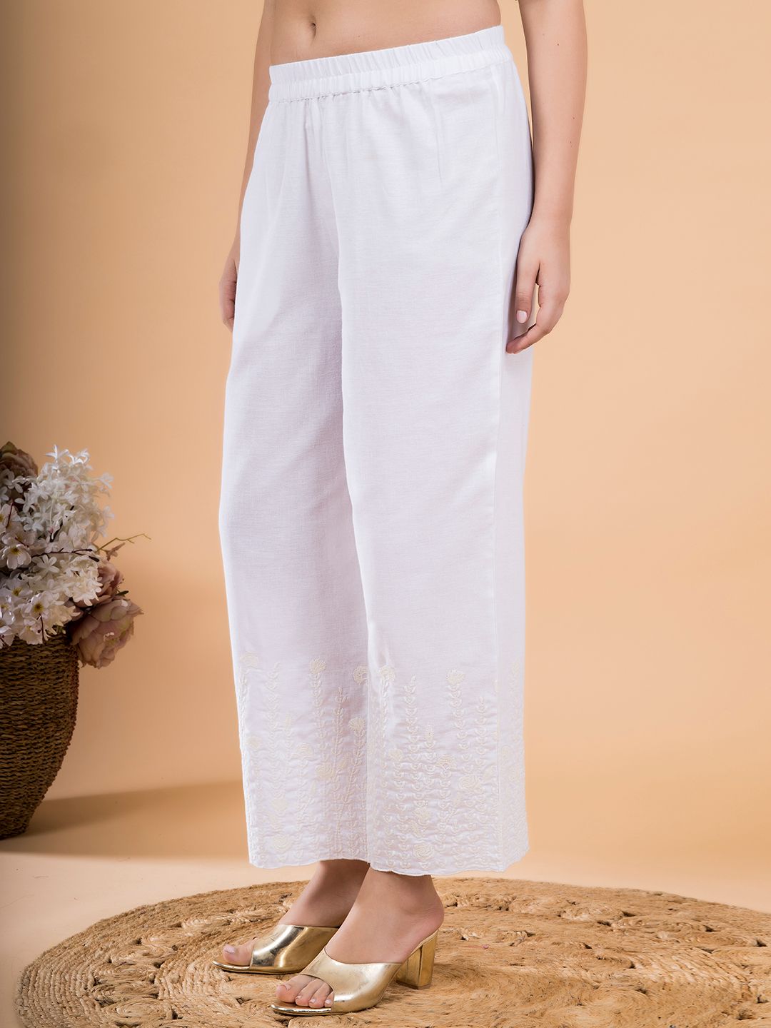 White Flora Crest Embroidered Hem Palazzo