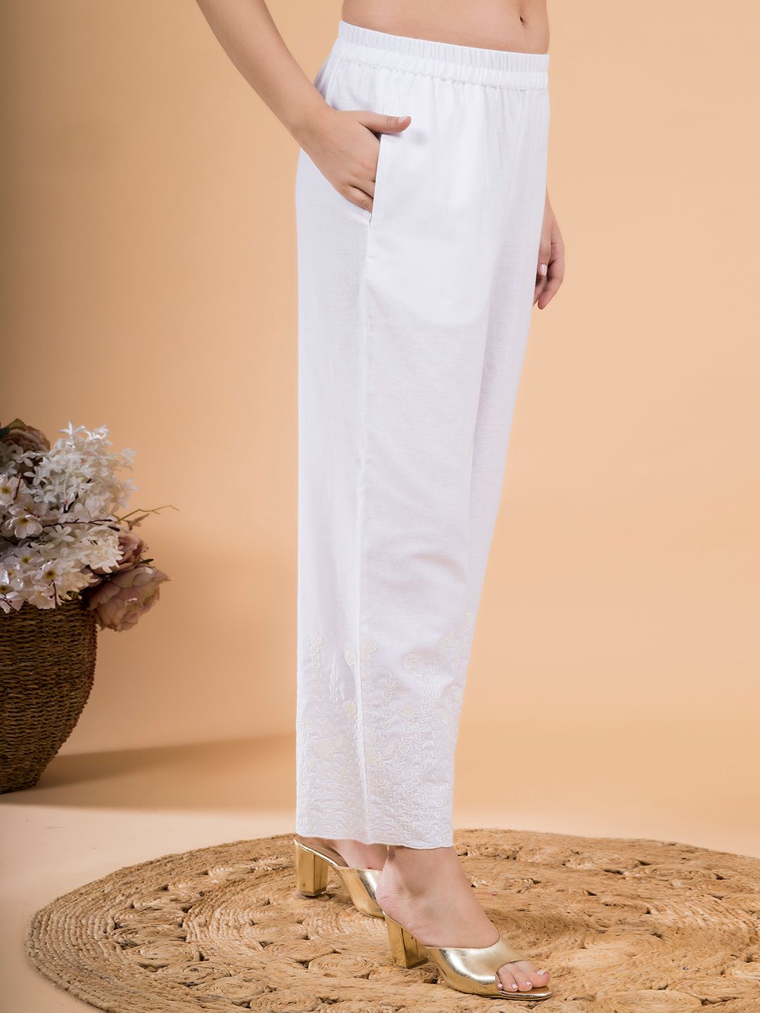 White Flora Crest Embroidered Hem Palazzo