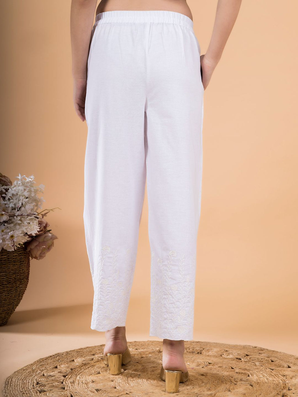 White Flora Crest Embroidered Hem Palazzo