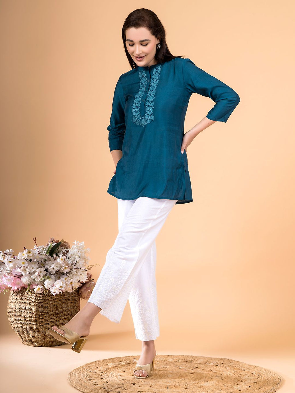 White Flora Crest Embroidered Hem Palazzo