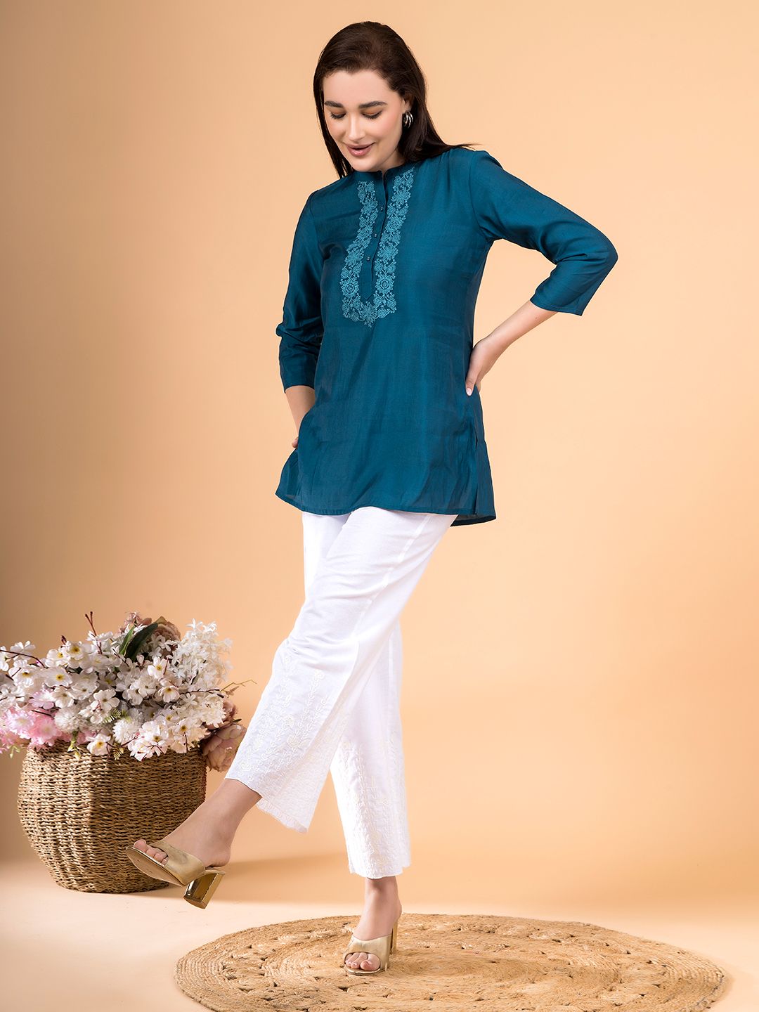 White Flora Crest Embroidered Hem Palazzo