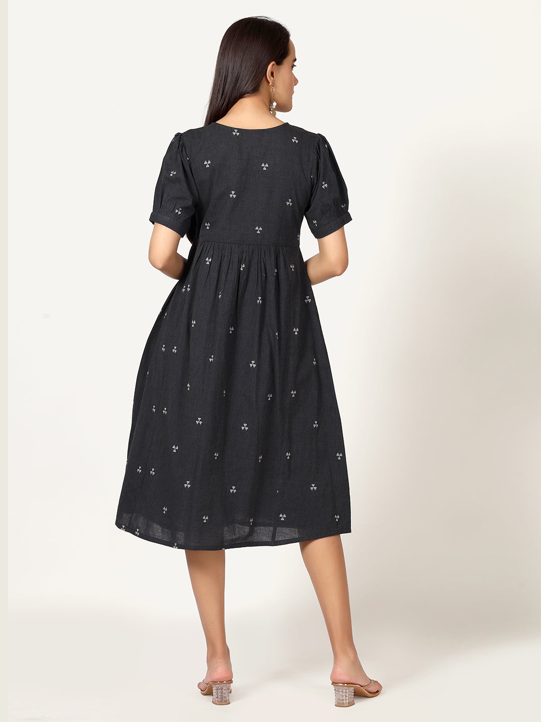 Grey Woven Design Cotton Midi Dress